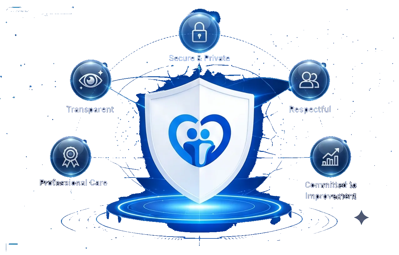 MHCA's commitment to trust — secure and private data, transparency, respect, professional care and continuous improvement, shown as a shield