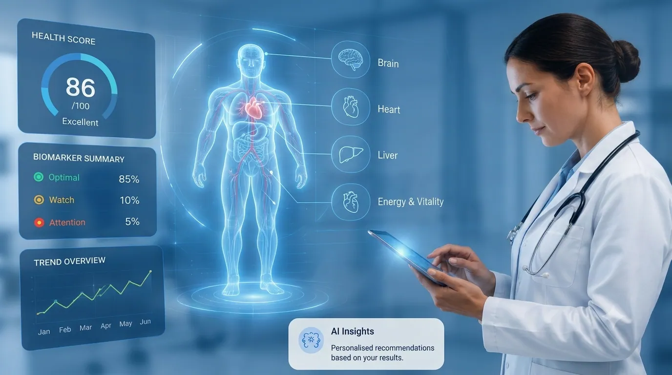 A clinician reviewing an AI-powered health dashboard showing a health score, biomarker summary and organ insights